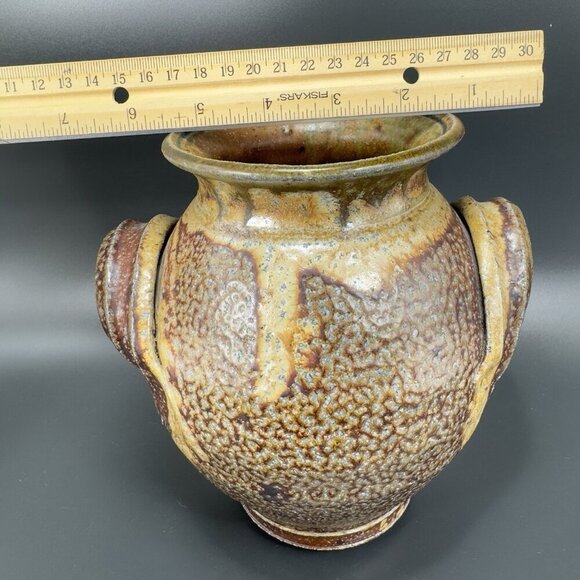 Vintage Hand Made USA Pottery Stoneware Vase Round Bottom Heavy With Handles VTG - Picture 4 of 13